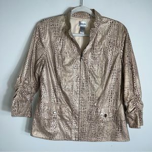 Chico's Lightweight Full Zip Jacket-Ruched 3/4 Sleeves-Tan Snake Print-Size 1-M